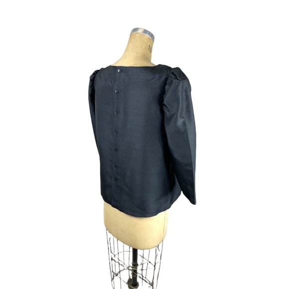 1980s black silk blouse with puffed sleeves and back buttons Size L - Picture 3 of 6